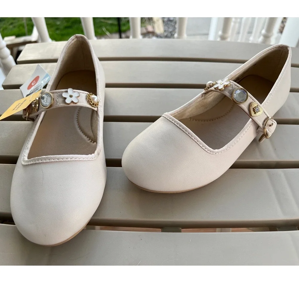 Cat &‎ Jack Marla Ivory Mary Jane Flats Embellished Strap Kids Size 3 NEW